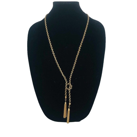 GUESS Knotted Rope Chain Lariat with Tassel Y-Shaped Necklace Gold Black Twist - Picture 2 of 7